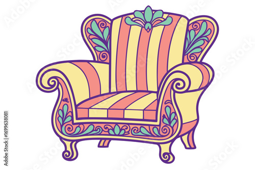 Ornate Striped Armchair With Decorative Swirls And Floral Accents antique artistic