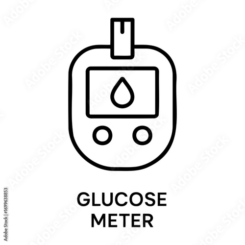 Medical equipment icon a simple line drawing of a glucose meter with a blood drop on the screen shown clearly