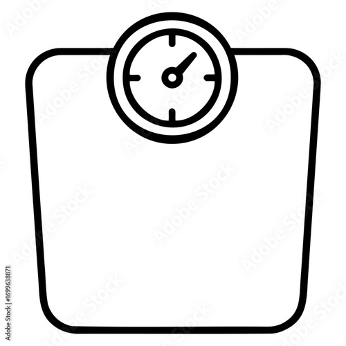 Medical equipment icon illustration of a bathroom scale with an analog dial on top in black and white outline