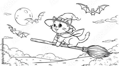 Cartoon cat witch flying on a broom with bats and a moon