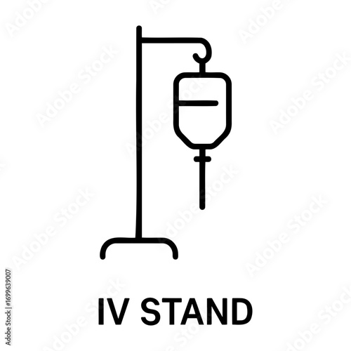 Medical equipment icon illustration of an intravenous fluid bag hanging on a stand in a minimalist style