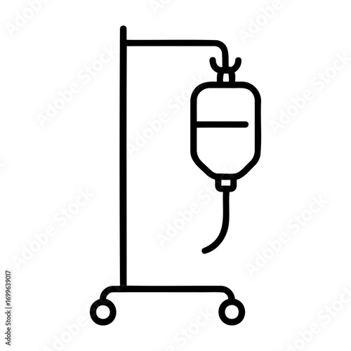Medical equipment icon illustration of an intravenous drip stand with a bag hanging from the top hook design