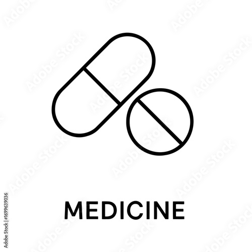 Medical equipment icon illustration of two medicine pills one capsule shaped and one round with a line through