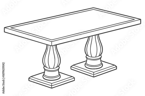Outline Drawing of a Rectangular Table with Pedestal Bases on White Background dining table