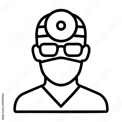 Medical equipment icon outline drawing of a doctor wearing a mask and glasses with a head mirror device on