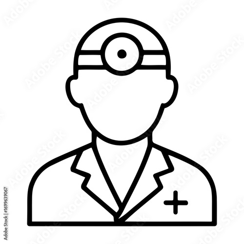 Medical equipment icon outline illustration of a doctor with a head mirror and a plus sign on the jacket