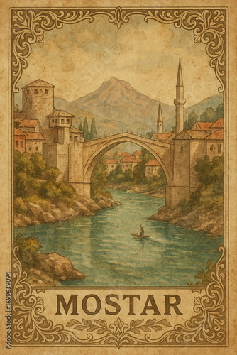 Old world European cityscape illustrated in a nostalgic vintage poster style. Architectural travel art with timeless charm for classic and modern interiors.