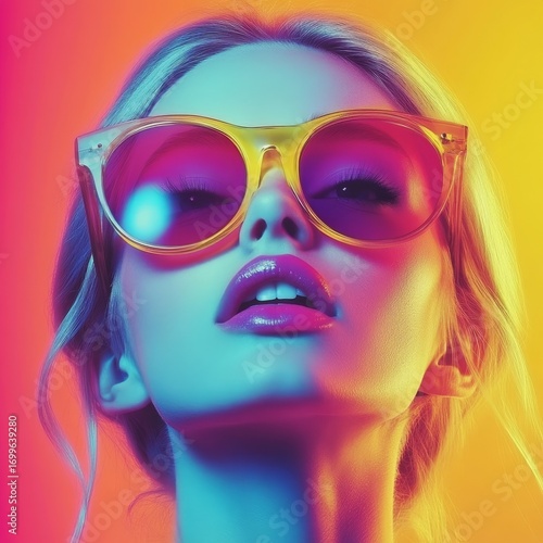 Pop art retro style pretty brunette young woman wearing headphones and sunglasses on vibrant colorful background. Created with, Generative AI