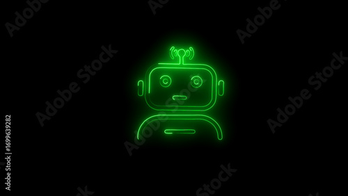 Green neon outline of a robot head icon with antenna signal on a black background Keywords: robot, icon, symbol, technology, artificial intelligence, AI, machine, automation, android, cyborg