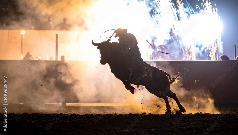 Fototapeta premium Dramatic action view of a fearless bull rider holding on as the bull bucks wildly in the rodeo arena, spotlight capturing the intensity, dust, motion, and adrenaline in cinematic dramatic lighting