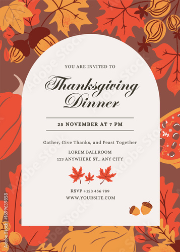 Thanksgiving Dinner Invitation Template with Autumn Leaves and Arch Frame