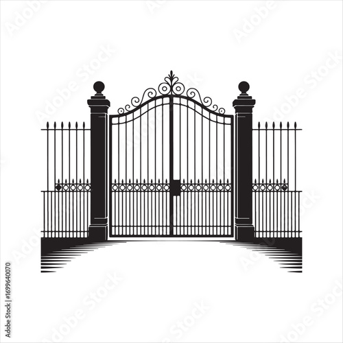 Elegant Black and White Iron Gate Vector Illustration with Ornate Design for Secure Entrance and Architectural Detail