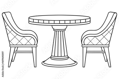 Outline drawing of a round table with two chairs in a set dining set furniture