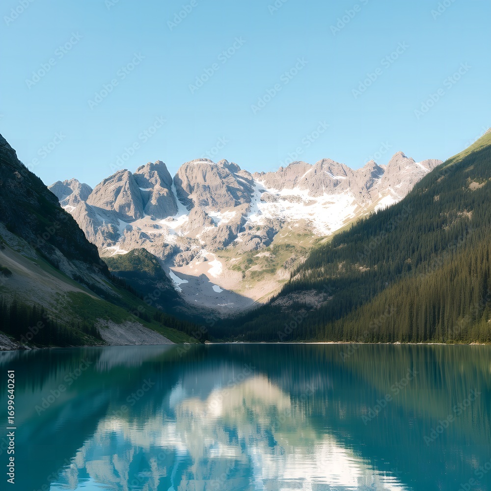 Fototapeta premium Turquoise mountain lake reflecting snow capped peaks and evergreen forests under a clear blue sky