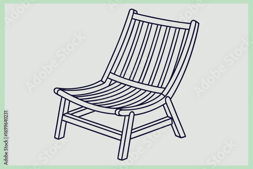 Outline Drawing Of A Slatted Wooden Deck Chair On A Light Grey Background lounge chair outdoor