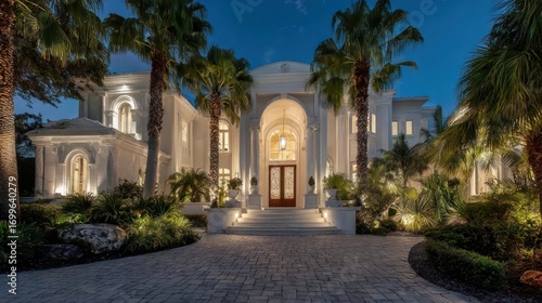 Grand, illuminated luxury mansion with elegant pillars, arched doorway, and lush landscaping