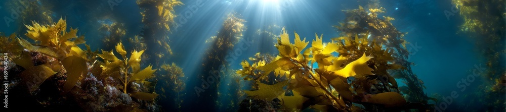 Naklejka premium Underwater kelp forest exploration pacific ocean hdr panoramic view underwater environment light rays nature concept