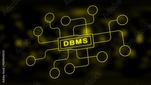 Yellow DBMS diagram with connected circles on dark background DBMS database management system