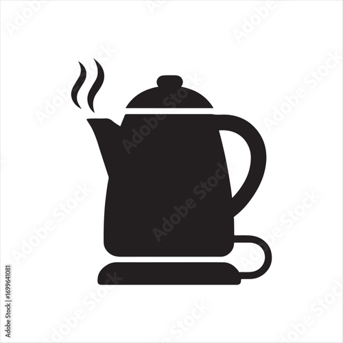 Silhouette of electric kettle with steam coming from spout black and white minimal design kitchen appliance for boiling water icon for tea or coffee preparation
