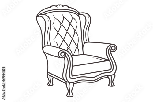 Outline Drawing of a Tufted Wingback Armchair on White Background furniture