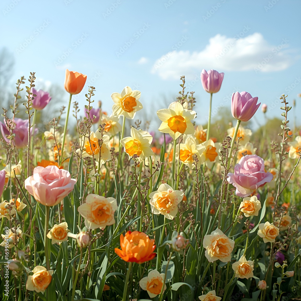 Fototapeta premium Vibrant spring flowers of various shapes and sizes.