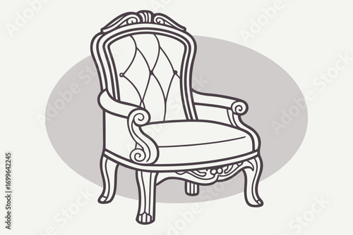 Outline drawing of an ornate armchair with tufted upholstery and scrolled arms Keywords: armchair, chair