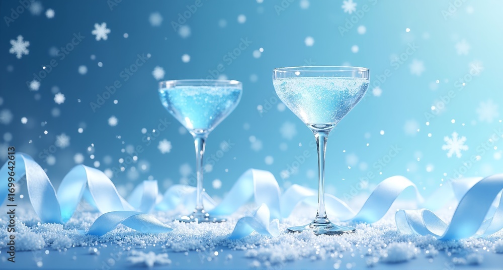 Obraz premium Two sparkling blue drinks in elegant glasses amidst falling snowflakes and delicate ribbons, creating a serene winter celebration.