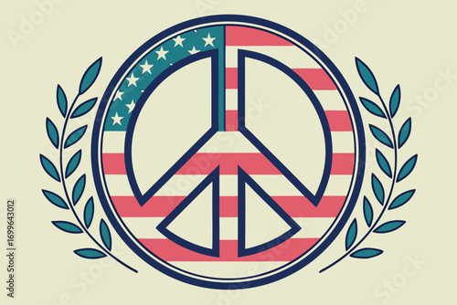 Peace Symbol with American Flag Design and Laurel Wreath stars and stripes