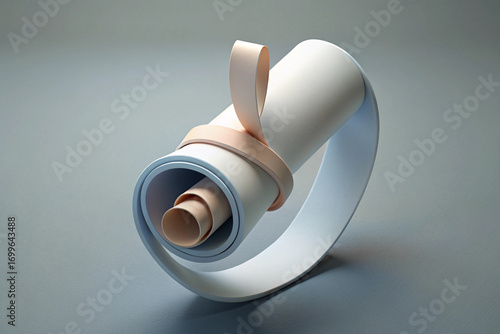 Rolled Paper Scroll with Band and Abstract Shapes on Gray 3D Background document