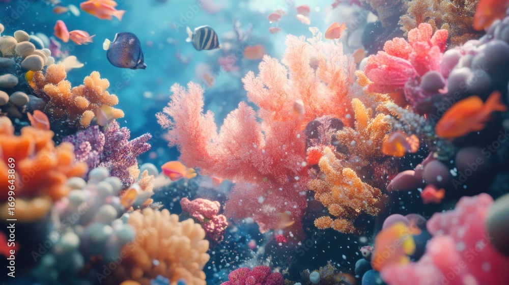 Naklejka premium Underwater coral reef scene with fish vibrant colors sunlight