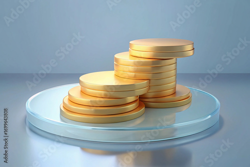 Stack of Gold Coins on a Glass Pedestal Against a Gradient 3D Background money finance