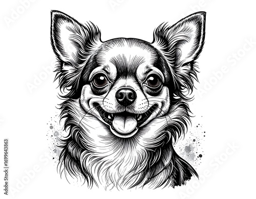 Elegant Chihuahua Portrait: Detailed Black and White Ink Sketch Art