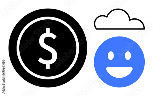 Black dollar sign in circle, blue happy face, and cloud symbolizing wealth, positivity, and ideas. Ideal for finance, happiness, wealth, business growth creativity cloud computing simple landing