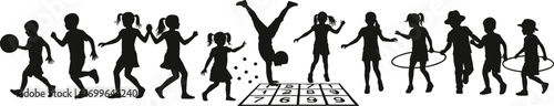 Children playing silhouette, outdoor activity vector, hopscotch grid, hula hoop, ball game, jump pose, handstand, dance motion, black icon, playground sketch