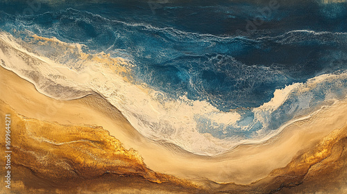 Abstract ocean waves crashing on a golden sandy beach textured art