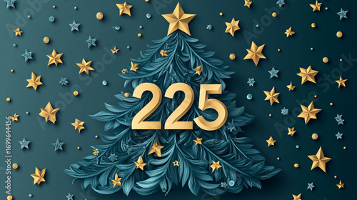 Teal Christmas tree with gold stars and the number 225