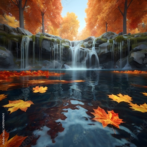 “Ethereal Autumn Waterfall of Calm – Surreal 3D Conceptual Scene”