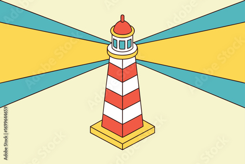 Red and White Striped Lighthouse Emitting Yellow and Teal Light Beams Keywords: lighthouse, beacon, light