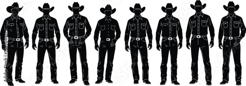 Cowboy silhouette illustration, western fashion outfit, identical standing pose, vintage hat style, rural Americana theme, symmetry, desert culture, frontier identity concept