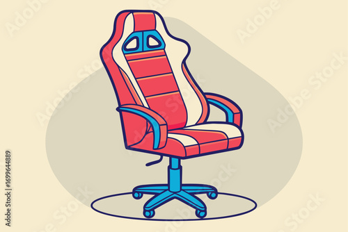 Red, White, and Blue Gaming Chair with Wheels on Light Beige Background Keywords: gaming chair, computer