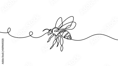 Bee in continuous line drawing style, black and white, representing nature and pollination, with copy space