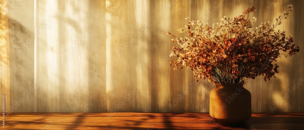 Fototapeta premium Dried flower arrangement in rustic vase sunlight wooden table