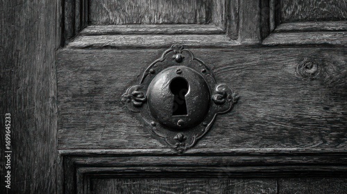 Close-up of a weathered wooden door with an ornate, aged metal keyhole cover