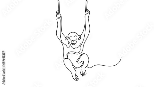 Monkey in continuous line drawing style, black and white, representing playfulness and motion, against plain background