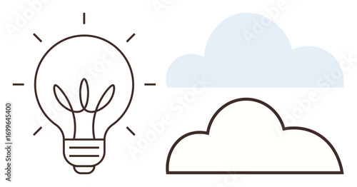 Light bulb with radiant lines beside a cloud outline emphasizing creativity, innovation, and cloud computing. Ideal for technology, brainstorming, energy, digital solutions, networking, teamwork