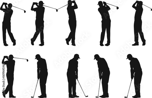 WeGolf swing silhouette sequence, professional golfer motion, black vector poses, sports training illustration, athletic movement, dynamic form, isolated on white background