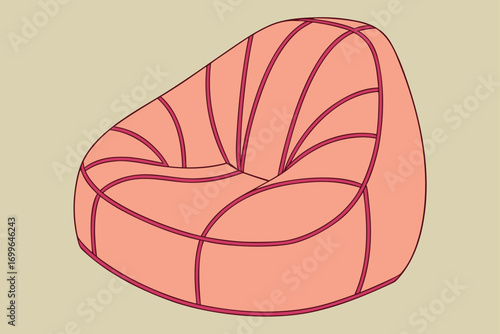 Round Bean Bag Chair in Coral Pink with Dark Outline Keywords: bean bag, chair, furniture, seating