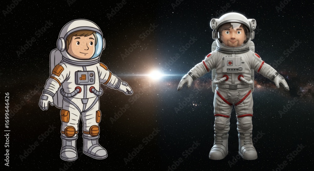 Fototapeta premium Two generations of space explorers, a cartoon child and a realistic adult astronaut, floating together in the cosmos with a star behind them