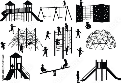 Playground silhouette vector set, children playing on slides, swings, climbing structures, outdoor play equipment icons for school, park, and activity design illustrations