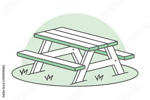 Simple Line Drawing of a Wooden Picnic Table on Green Grass bench outdoor